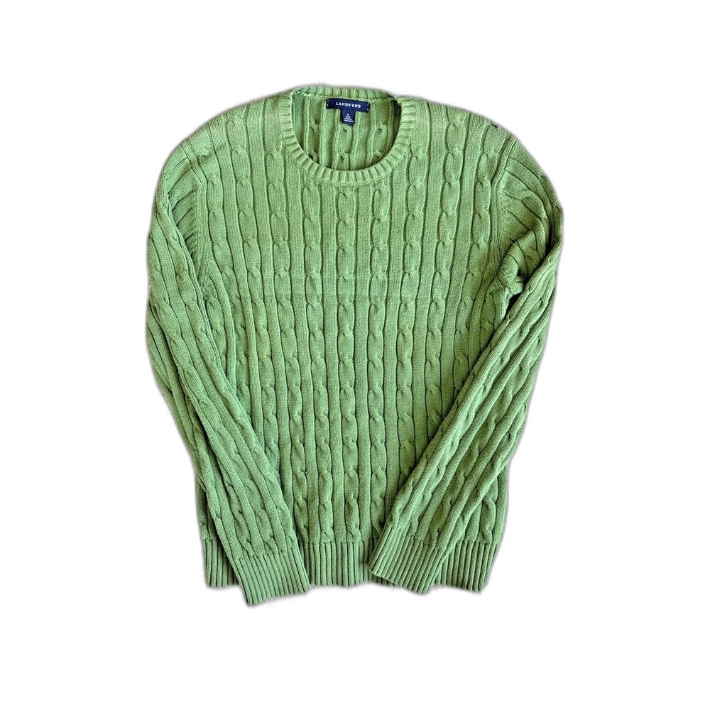 Lands End Cable Knit Sweater Women Medium Sage Green Cotton Cottagecore Pullover